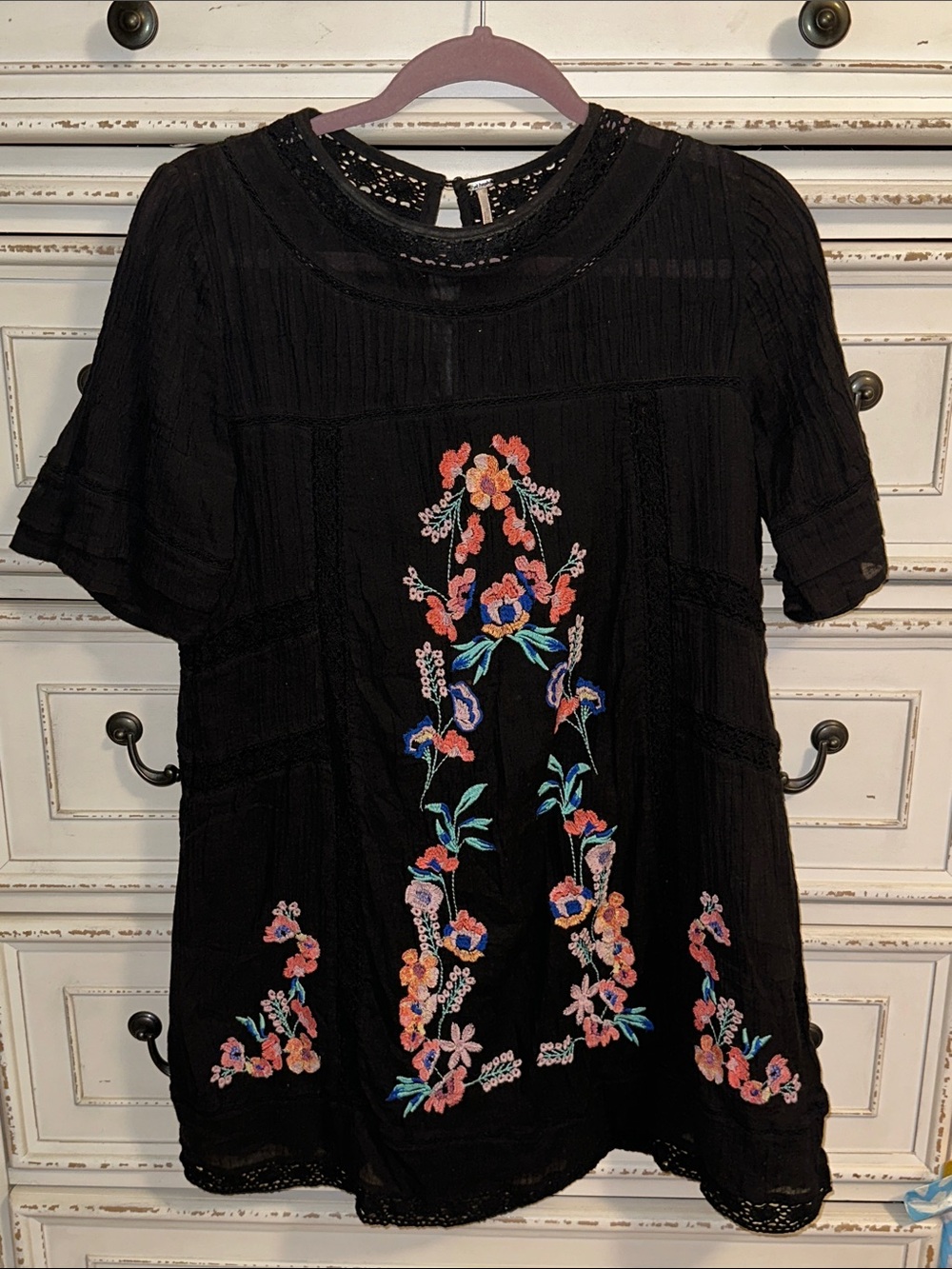 Free People Black Short-Sleeve Tunic with Multicolor Floral Embroidery